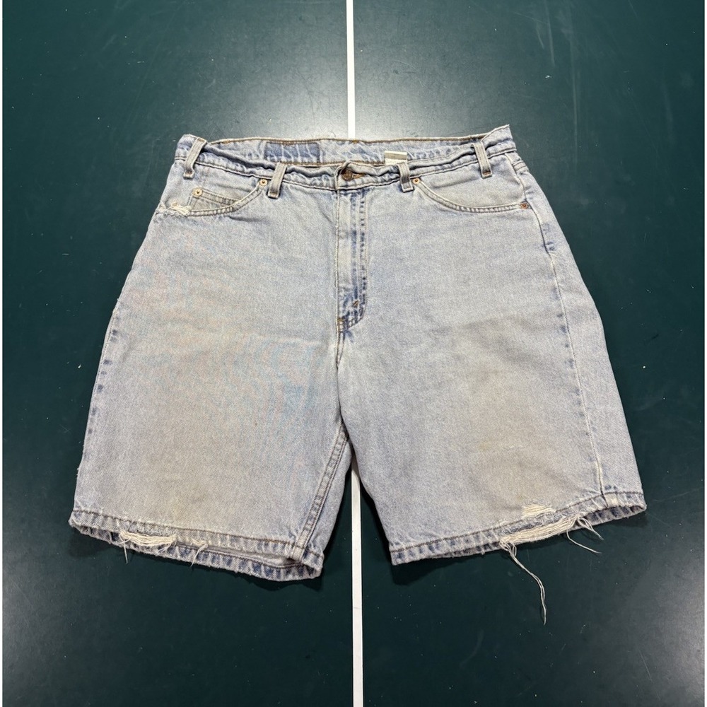 Vintage Levi's 550 Orange Tab Denim Jean Shorts 36 Relaxed Fit Distressed 90s